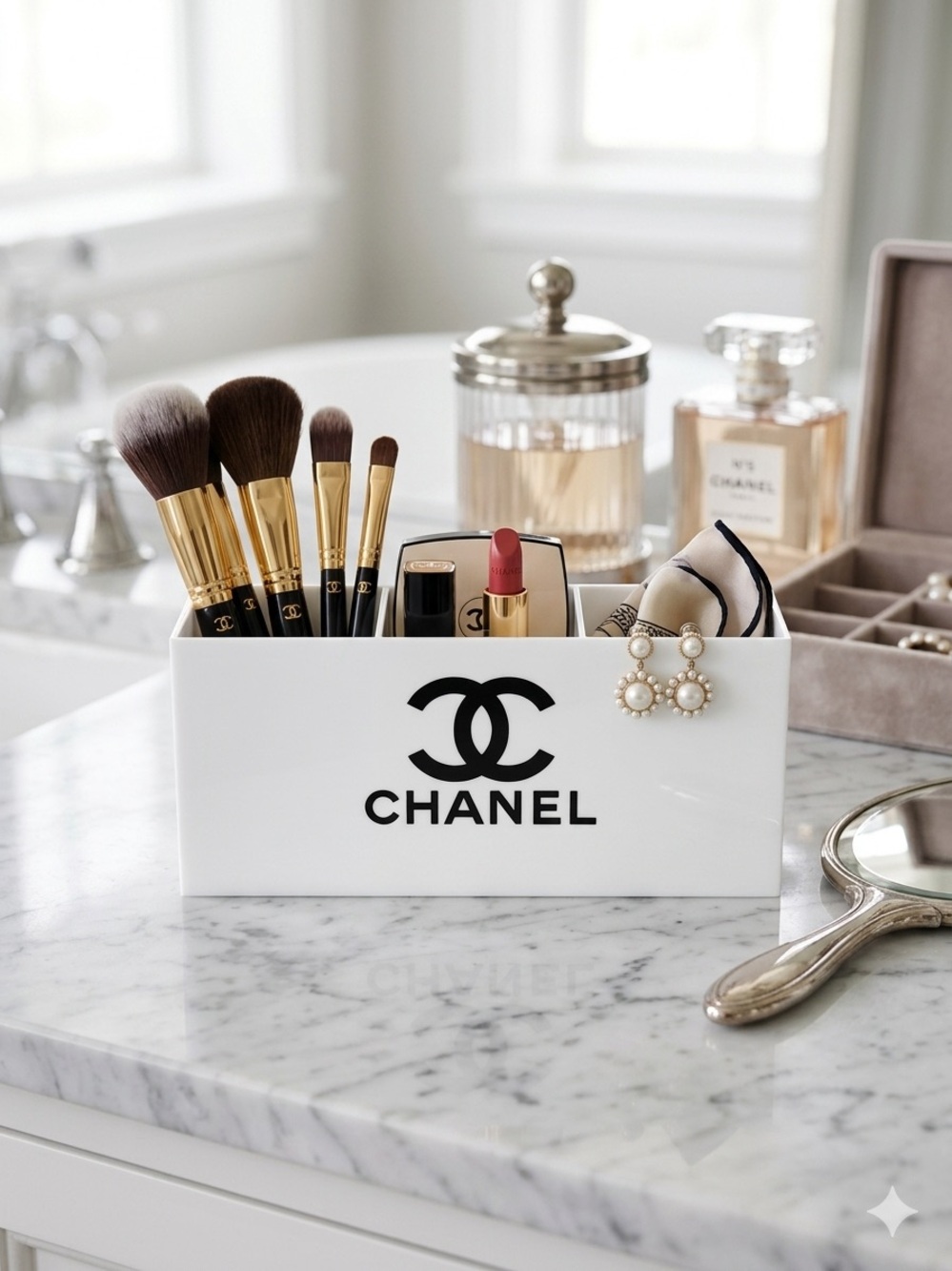 White Logo Makeup Organizer for Vanity